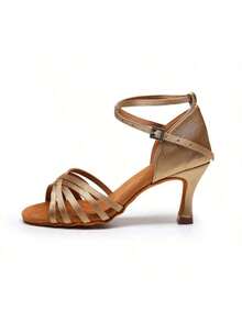 1 Pair 7cm Women's Latin Dance Shoes, Soft Sole Satin Material, Professional Dance School Performance Shoes - Khaki - View 8