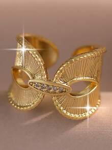 1 pieza Anillo de compromiso de lujo con forma de arco simétrico de circonita cúbica, anillo estilo corte retro con apertura para mujeres, regalo & uso diario, uso en fiestas y banquetes - Amarillo Oro - Ver 6
