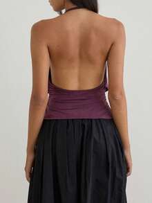 Women Y2k Halter Tops  Summer Deep V Neck Open Back Crop Tank Tops Sleeveless Ruched Slim Fit Backless Shirt  Going Out Tops Aesthetic Clothes - 紫色 - 查看 2