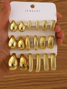 Light Luxury Metal Earring Set, Water Drop/Ribbed/Striped Style, High-End Elegant Versatile Ear Jewelry 9pcs/Set - Gold - View 7