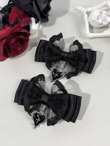 2pcs/Set Women's Lace Ribbon Dark Color Gothic Style Cross Hair Accessories Hair Clips, Suitable For Holiday Dress-Up And Gothic Enthusiasts' Daily Wear - Black 1 - View 1