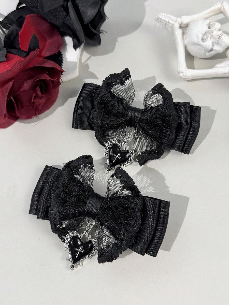 2pcs/Set Women's Lace Ribbon Dark Color Gothic Style Cross Hair Accessories Hair Clips, Suitable For Holiday Dress-Up And Gothic Enthusiasts' Daily Wear - Black 1 - View 1