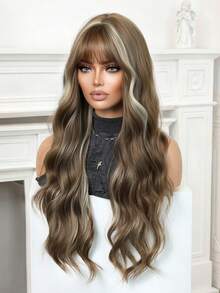 26 Inch Brown With Golden Highlights Synthetic Wig With Bangs, Long Wavy Heat Resistant Wig For Women, Ideal Gift For Halloween, Festival, Travel, Cosplay, Y2K & Daily Wear - Blonde Highlight - View 5