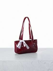 CHICVUE 1pc Wine Red Metal Rivet Decor Solid Color PU Baguette Bag, Women Shoulder Bag, Winter New Arrival - Burgundy - View 3
