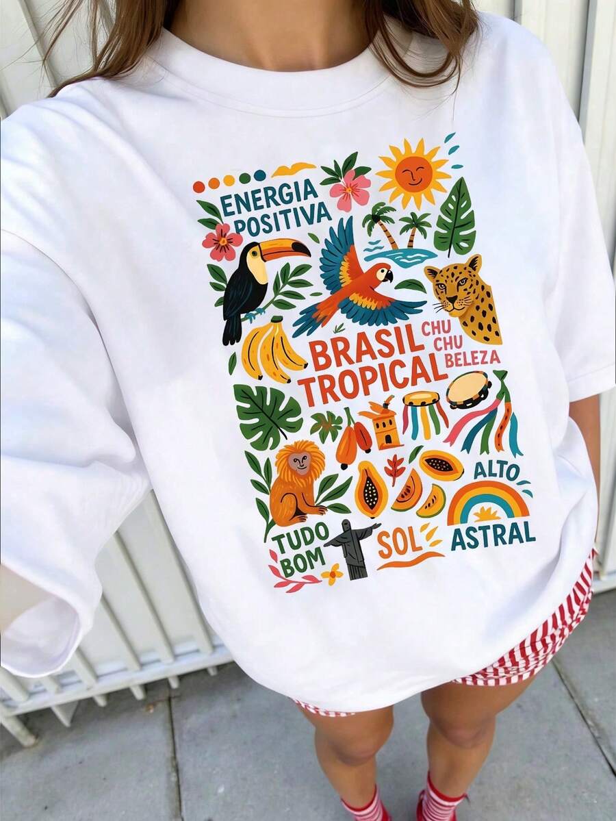 Women's Loose-Fitting T-Shirt With Brazilian Tropical Print, Energia Positiva Tudo Bom Sol Astral Colorful Animal And Fruit Pattern, Soft, Comfortable And Breathable, Short Sleeves, Y2K Street Style, Casual Loose-Fitting Summer Top. - Weiss - View 1