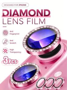 3 piezas Protector de lente de cámara con diamantes de imitación rojo rosa, marco de metal resistente a arañazos, resistente al desgaste y a prueba de golpes, película de lente compatible con iPhone 11 12 13 14 15 16 Plus 17 Pro Max - Rosa Fucsia - Ver 27