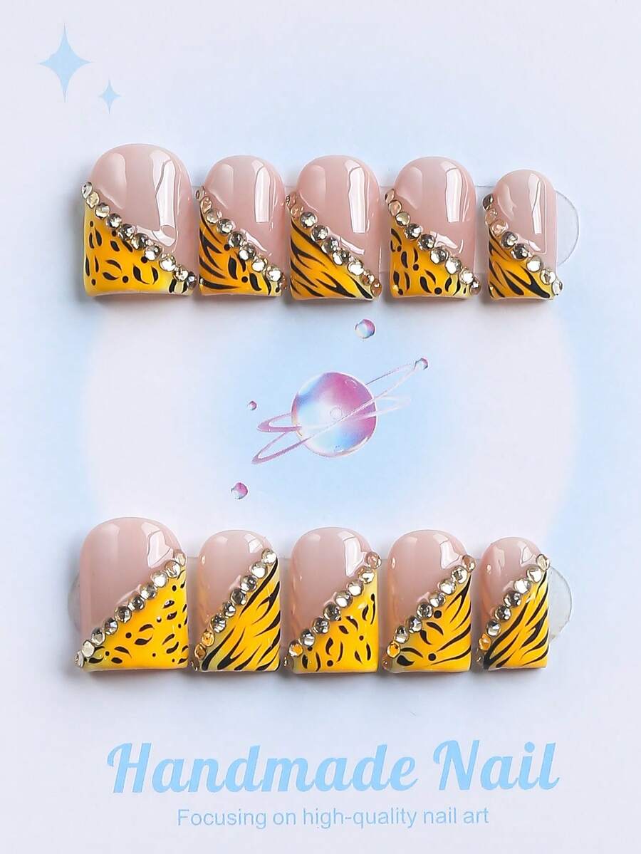 10PCS -Handmade Press On Nails, Square Shape, Fake Nails, Y2K Style, Sturdy Quality, Reusable, Pink, Matching French Style, 3D, Suitable For Daily Wear, Parties,Vacation, And Also The Best Holiday Gift For Girls And Women. - Yellow - View 1