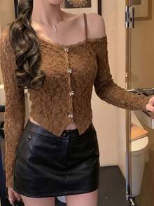 優雅休閒甜美性感街頭風咖啡色精緻花卉蕾絲長袖露肩開襟衫附精緻蝴蝶結鈕扣 春/夏 - 咖色 - 查看 4