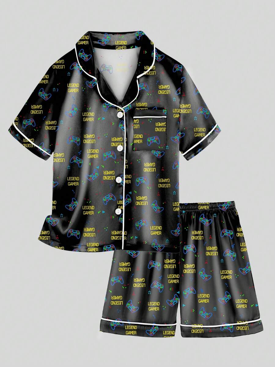 Tween Boy Black Game Console Patterned Collar Short Sleeve Single-Breasted Top And Shorts Casual Pajama 2pcs Set