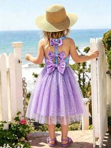 Gaun Putri Duyung Leher Halter untuk Anak Perempuan, Gaun Tulle Tanpa Lengan Motif Sisik Ikan Gradien, Pakaian Liburan Pesta Pantai - Purple - View 4