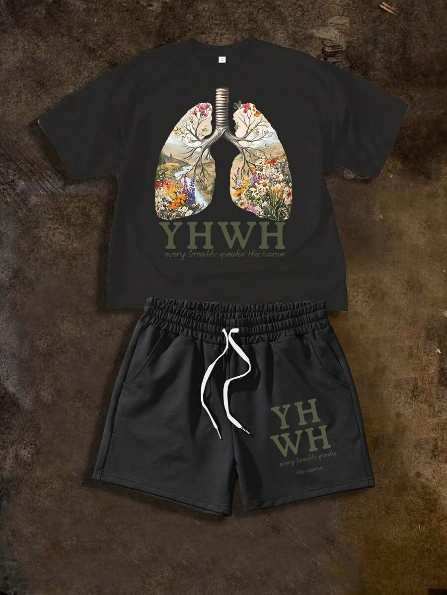 (2pc) Pure Cotton Set. Men's Casual Street Two-Piece, Cartoon Retro Street Heat Transfer, Polyester Loose Short-Sleeved T-Shirt + Loose Drawstring Shorts Suit With Pocket, Suitable For Everyday Casual Wear Jacket Shorts Suit. Summer Plus-Size Short-Sleeved T-Shirt Set 1J9G - 黑色 - 查看 1