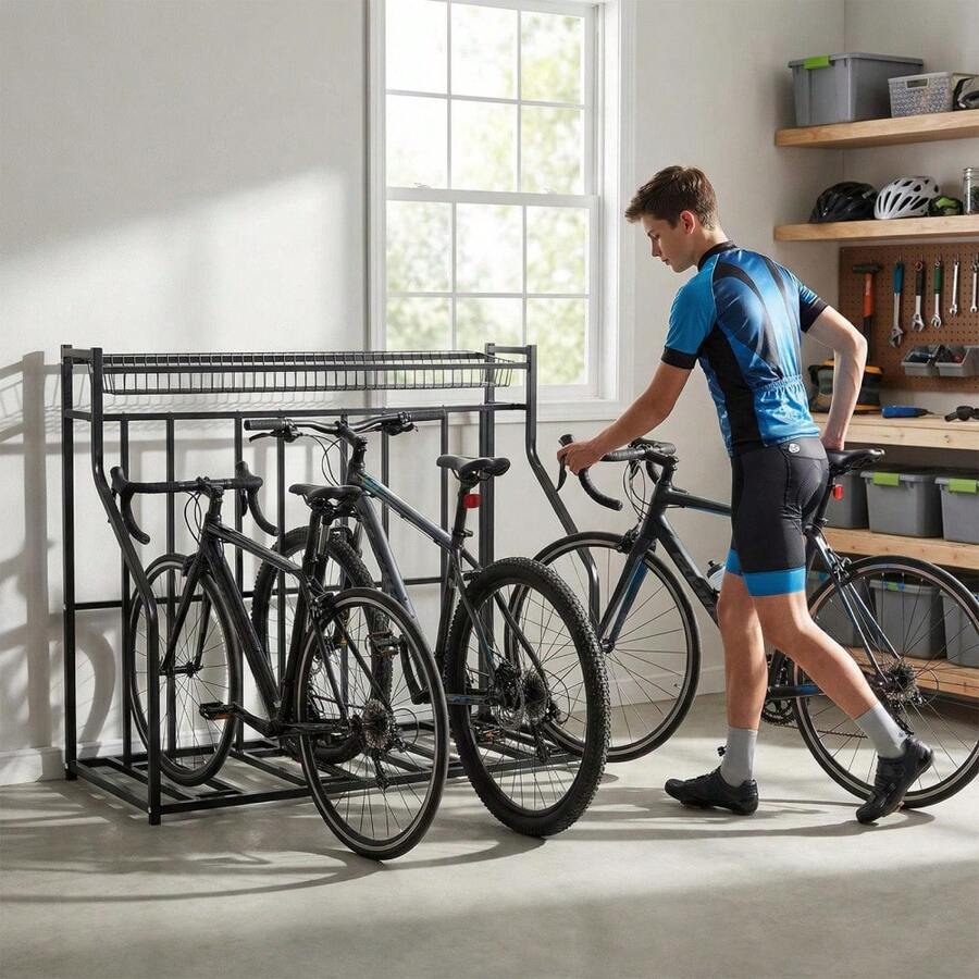 4-Bike Garage Floor Rack Adjustable Slots Anti-Tip Storage Organizer With Gear Basket For Indoor Outdoor - Black - View 1