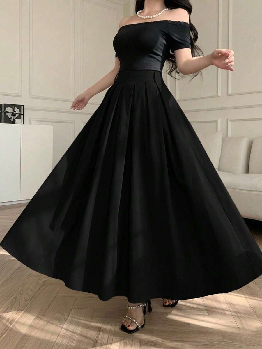 Flowy & Crisp Solid Black Maxi Skirt For Commute/Date/Casual Wear, With Pleated Details, Pockets, Versatile, Daily Wear Spring - Black - View 1