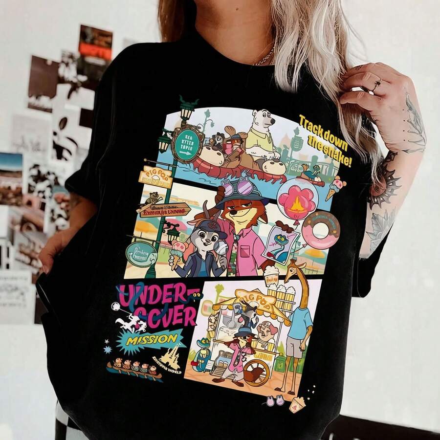 Disney Women's T‑Shirts Zootopia Undercover Mission Collage Printed Oversized T‑Shirts, 100% Cotton Retro Short‑Sleeved Casual Shirts, And Graphic Printing T‑Shirts For Adventure Disney Matching Outfits - 黑色 - 查看 1