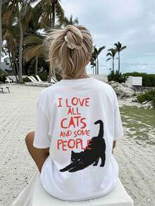Women's Spring/Summer Double-Sided Print Beach Fashion Tops, Simple Style, Black Cat Print And English Slogan, Crew Neck, Short Sleeve - White - View 3