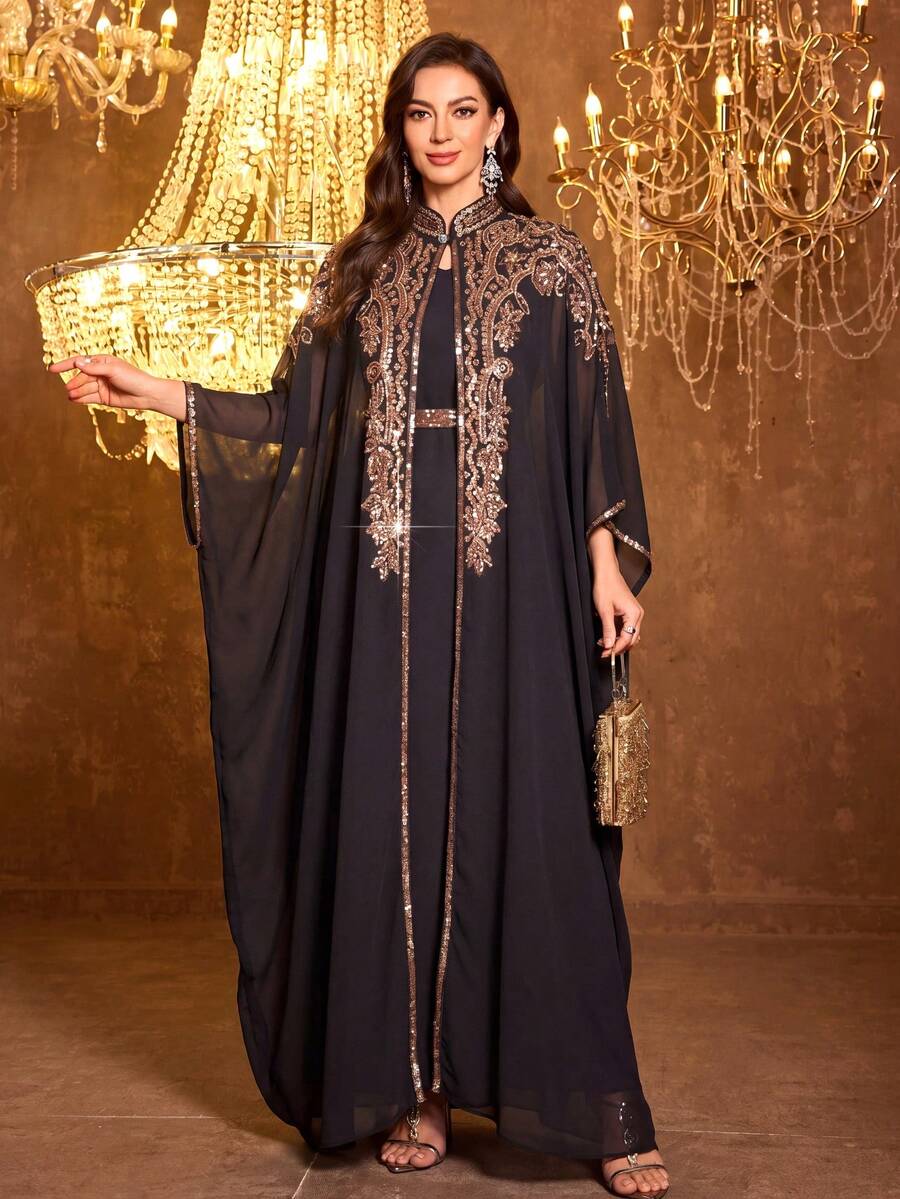 Women's Fashion Party & Banquet Long Sleeve Applique Waist Belt Sequin Patchwork Evening Dress Black - Black - View 1