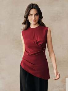 2026 Top sin mangas de mujer con cuello redondo y bajo asimétrico, de estilo casual en color rojo vino vintage - Burdeos - Ver 1