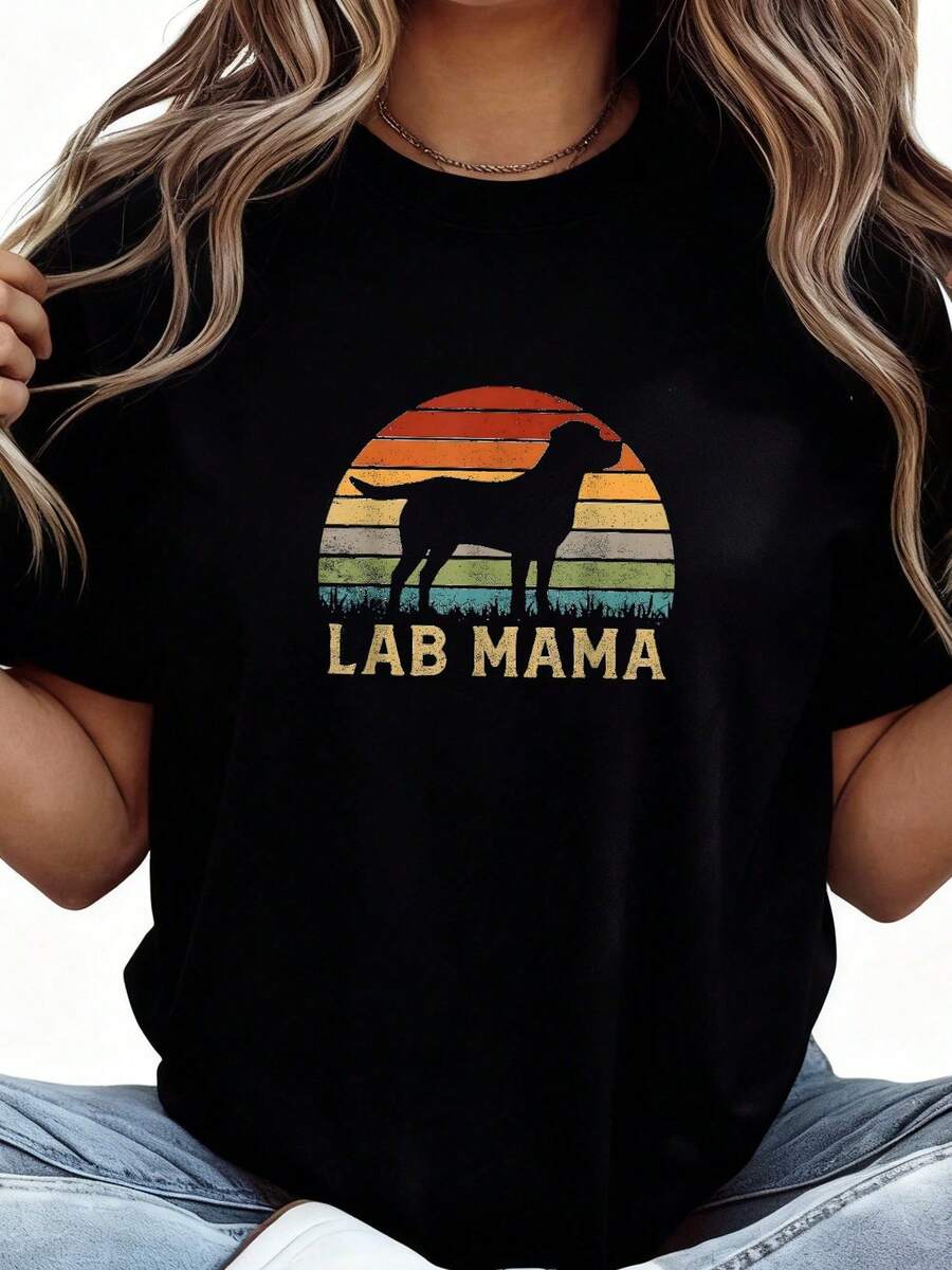 Lab T-Shirt--Retro-Labrador-Retriever-Lover-Vintage-Dog-Mom-Lab-Woman - 黑色 - 查看 1