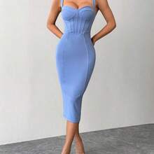 LunaCass8  PETITE Vestido midi ajustado y entallado con parte trasera dividida, copa de busto y cadera azul - Azul - Ver 4
