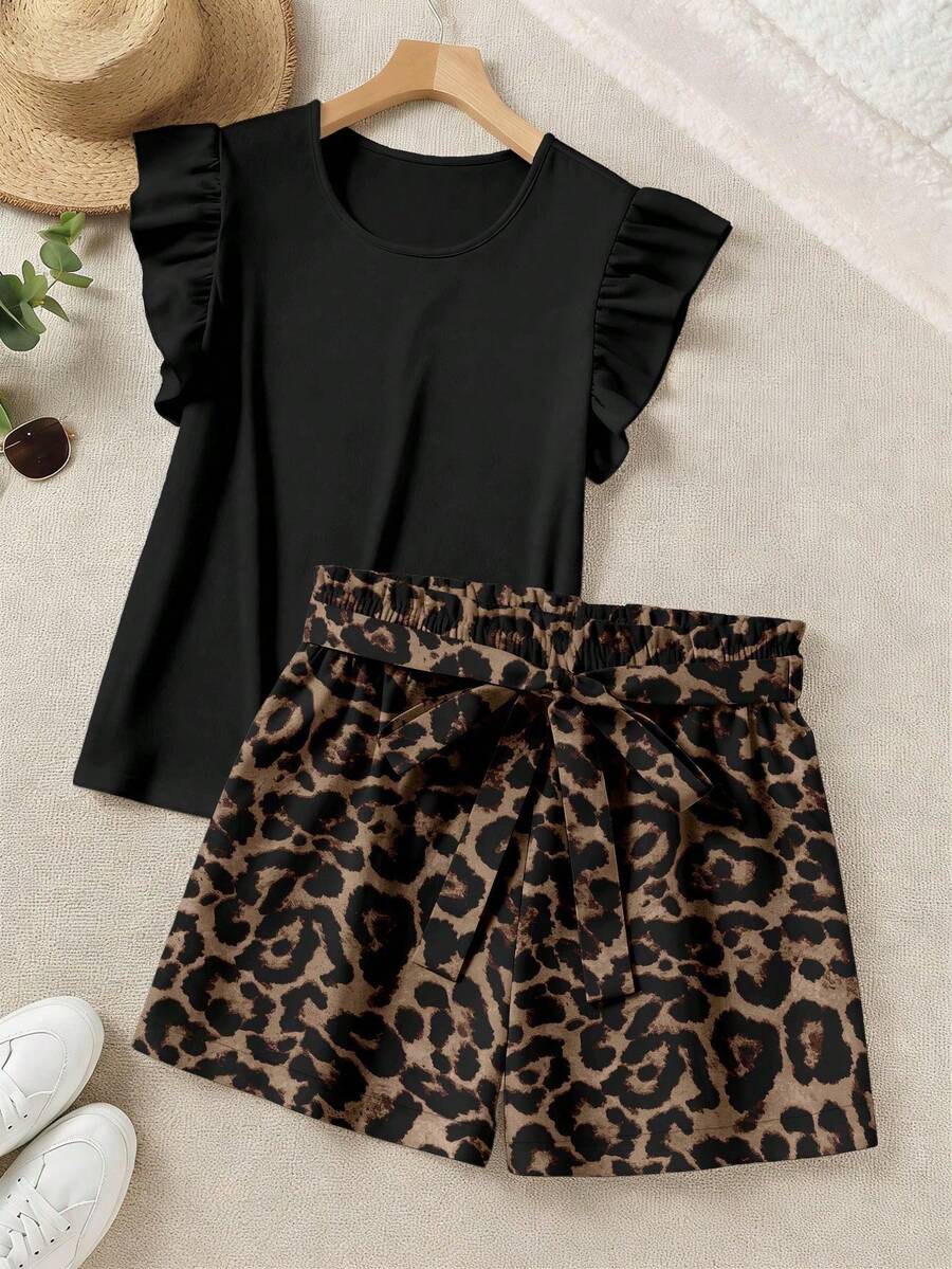 LUNE 2-Piece Set: Elegant Solid-Color Ruffled Top And Printed Shorts, For Summer - Burgundy - View 1