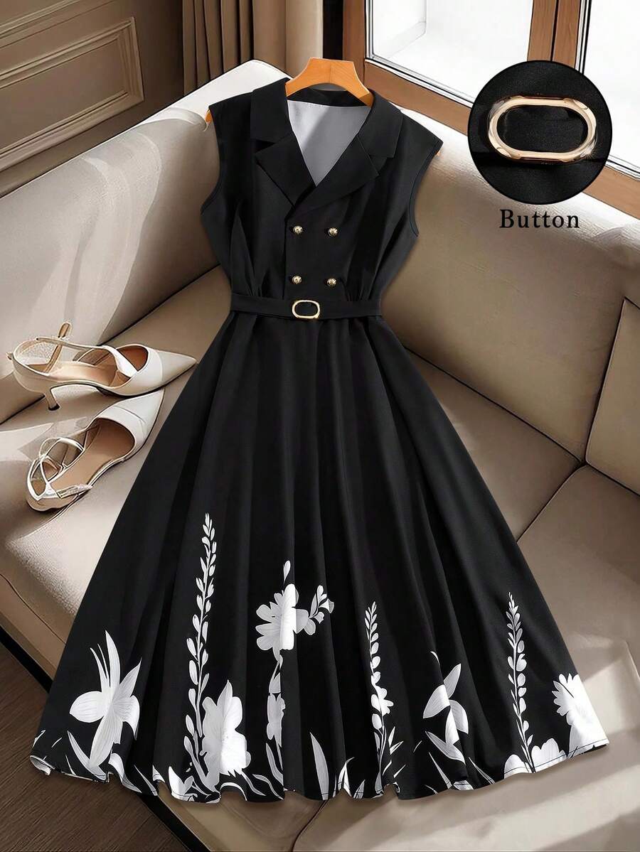 CURVE Vestido elegante de mujer talla grande con cuello de solapa, doble botonadura y estampado floral sin mangas - Negro - Ver 1