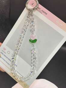1pc Girls Beaded Phone Lanyard Wrist Strap Tulip Crystal Charm Pendant For Bag And Keychain - Multicolor - View 3