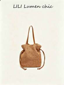 This Solid Color Crochet Woven Tote Bag Features A Drawstring PU Shoulder Strap, Making It A Perfect Choice For Beach Vacations, Weekend Outings, And Casual Daily Use. - Khaki - View 1