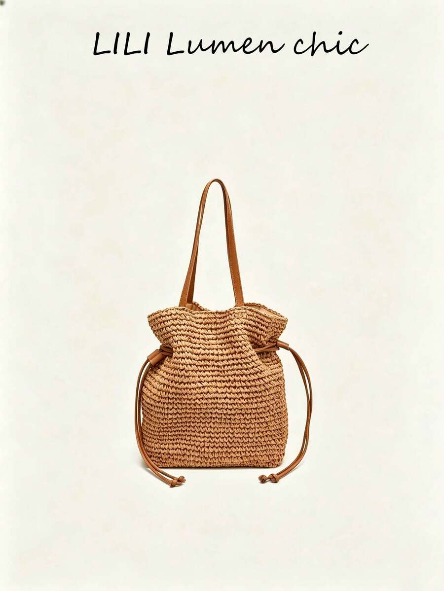 This Solid Color Crochet Woven Tote Bag Features A Drawstring PU Shoulder Strap, Making It A Perfect Choice For Beach Vacations, Weekend Outings, And Casual Daily Use. - Khaki - View 1