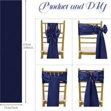 10pcs Navy Blue Satin Chair Bow Ribbons, Wedding Chair Back Silk Bowknot Ribbons, Suitable For Reception, Dining Room, Home Kitchen, Birthday, Events, Banquet, Party, Hotel Decoration - Navy Blue - View 3