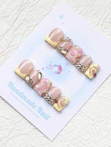 10PCS -Handmade Press On Nails, Square Shape, Fake Nails, Y2K Style, Sturdy Quality, Reusable, Pink, Matching French Style, 3D, Suitable For Daily Wear, Parties,Vacation, And Also The Best Holiday Gift For Girls And Women. - Yellow - View 2