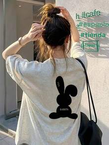 Se envía en 24 horas desde México. Camiseta casual de manga corta con cuello redondo y estampado de conejo rojo, ropa de mujer para primavera y verano. - Blanco - Ver 6