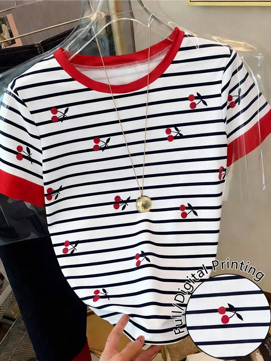 Camiseta de mujer de manga corta con cuello redondo, estampado de bandera americana y letras en bloques de color - Multicolor 14 - Ver 1