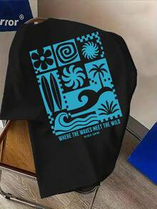 Camiseta casual para hombre con estampado de doble cara "WHERE WAVES HEET WILD", hecha de mezcla de poliéster, cómoda y sencilla - la primera opción para el uso diario. - Negro - Ver 8