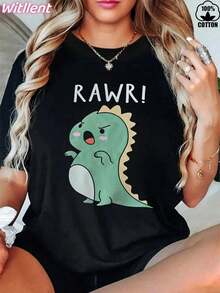 1 pieza de camia de algodón 100% para mujer con diseño de dinosaurio enojado, camia de algodón pesado de 180g para mujer para Navidad (1 pieza) 180g 100% algodón. Ideal como regalo, esta camiseta estampada es suave, transpirable y cómoda: perfecta para vacaciones, viajes y el uso diario, así como para la temporada de regreso a clases. blusas para mujer,playeras de mujer,blusas casuales para dama,blusas para mujer>ropa - Negro - Ver 1