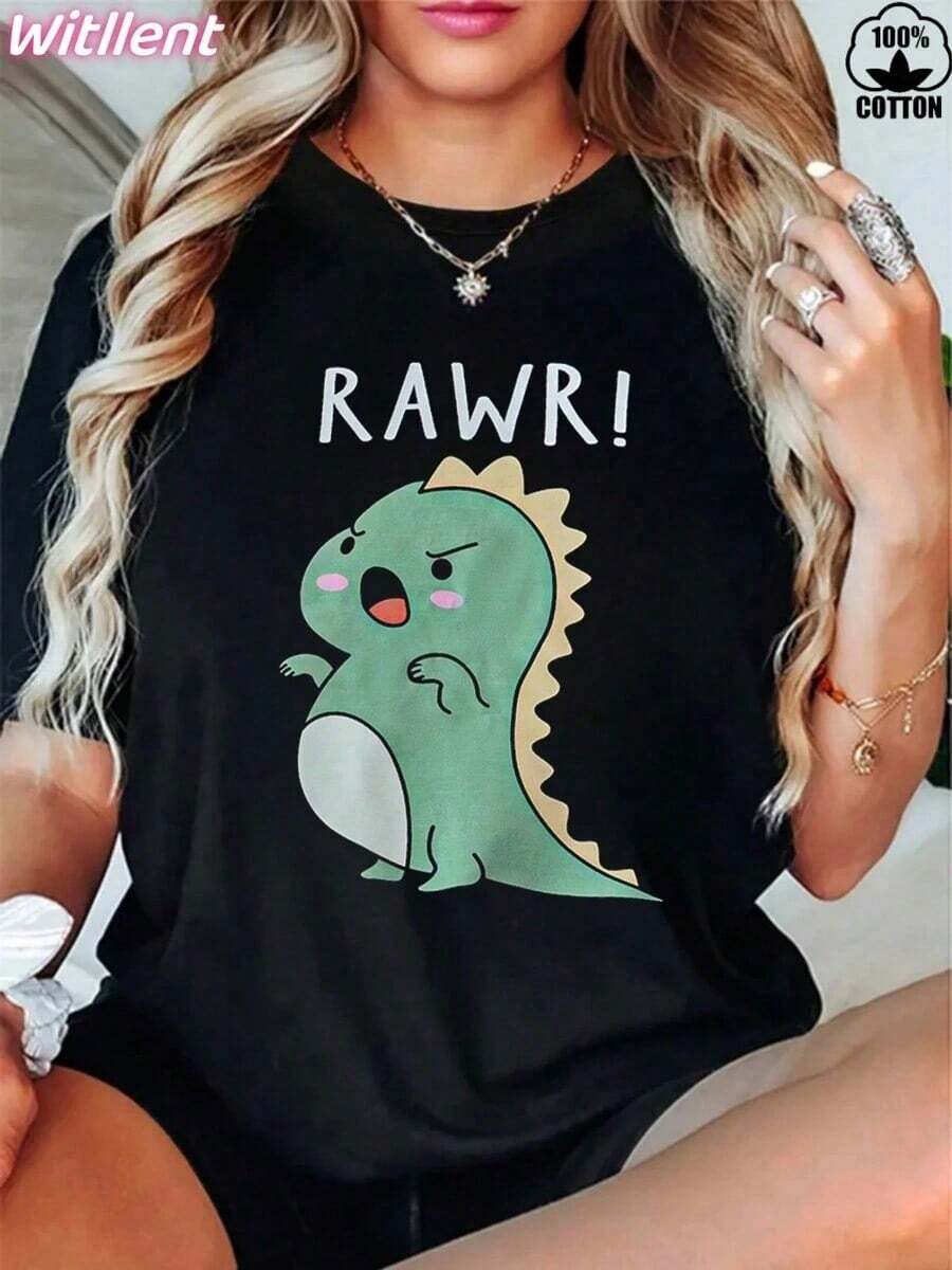 1 pieza de camia de algodón 100% para mujer con diseño de dinosaurio enojado, camia de algodón pesado de 180g para mujer para Navidad (1 pieza) 180g 100% algodón. Ideal como regalo, esta camiseta estampada es suave, transpirable y cómoda: perfecta para vacaciones, viajes y el uso diario, así como para la temporada de regreso a clases. blusas para mujer,playeras de mujer,blusas casuales para dama,blusas para mujer>ropa - Negro - Ver 1