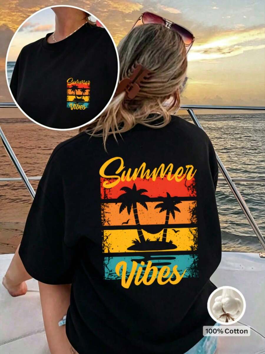 1 Piece, 100% Cotton. Loose-Fitting 100% Cotton T-Shirt, Short-Sleeved Summer T-Shirt With A Round Neck, New Arrivals 2026, Women's T-Shirt With A Graphic Lip Motif, Round Neck, Short Sleeves, For Outdoor Activities, Street Style, Casual, Perfect Choice For Spring And Summer Outfits, Casual Everyday Wear. Summer Style T-Shirt - Black - View 1