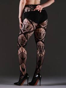 1pc Curve Tights Women's Elastic Tight Pants Retro Gothic Hollow Geometric Pattern Jacquard Fishnet Stockings Spring/Summer Thin Sexy Pantyhose Slimming Leggings Fashion Versatile Halloween Christmas Costume Suitable For Outings, Dates, Socializing, Parties, Gatherings - Black - View 3