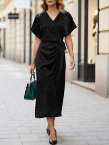 Summer Dress,Trending Plus Size Solid Blue Wrap Midi Dress V-Neck Short Sleeve Waist Tie Side Slit Ruched Skirt Casual Resort & Beach Wear - 藍色 - 查看 7