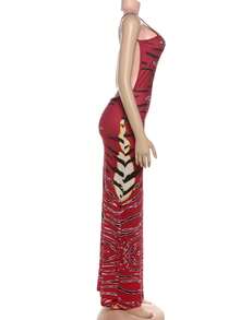 Vestido largo con espalda descubierta de gato extraño para mujer, sin mangas, estampado de leopardo, ropa Sexy ajustada para discoteca, Vestidos ajustados elásticos para vacaciones en la playa - Rojo - Ver 3
