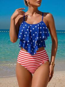 Sultry Sol Women's Fashionable USA Flag Print Tankini Swimwear Set Vacation Beach Summer - Blue - View 1