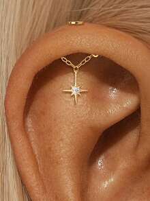 EleRunis 1pc 925 Sterling Silver Star & Moon Tassel Flat Back Cartilage Conch Spiral Piercing Earring, Punk Tattoo Medieval Style, Delicate Jewelry For Daily Wear And Wedding - Gold - View 17