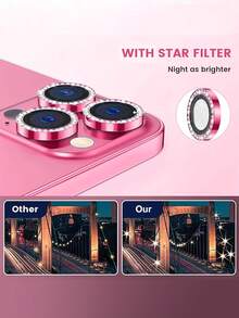 3 piezas Protector de lente de cámara con diamantes de imitación rojo rosa, marco de metal resistente a arañazos, resistente al desgaste y a prueba de golpes, película de lente compatible con iPhone 11 12 13 14 15 16 Plus 17 Pro Max - Rosa Fucsia - Ver 3