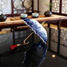 Cross-Border Funnel-Shaped Blue And White Porcelain Umbrella-Shaped Filter, Chinese Tea Art Decoration, Creative Ceramic Rotating Ornament For Living Room - Blue and White Porcelain Umbrella Tea Strainer - View 15
