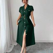 dahkjdgajy  Vestido camisero casual de mujer de unicolor, de manga corta, con cuello de solapa y abotonadura sencilla hasta la mitad del muslo - Verde Oscuro - Ver 1