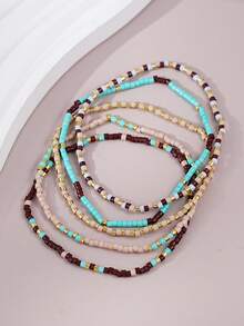 5pcs Bohemian Handmade Beaded Elastic Multi-Layer Stackable Bracelets, Suitable For Women's Daily, Vacation, Party Wear (Random Beads) - Multicolor - View 3