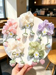 2pcs Fresh Sweet Floral Bow Mesh Dopamine Strawberry High Ponytail Hair Band Hair Accessories - Multicolor - View 1