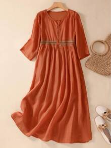 Vestido elegante de talla grande para mujer con cuello en V, bordado, cintura ceñida y media cremallera - Naranja - Ver 6