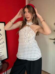 Elegant Women's Summer Outing Vintage Polka Dot Print Metal Buckle Camisole Tank Top Casual Beach Style Apparel White - White - View 4