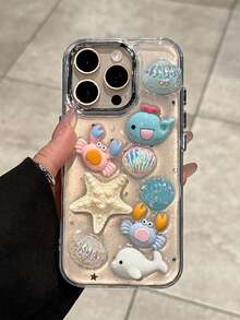 1pc Fresh Cute Ocean Shell Crab 3D Drip Glue Phone Case Compatible With Apple 16ProMax New IPhone15Pro/14plus Fashion Niche 13 Women's 12pro/11 Shockproof Protective Cover, Compatible With IPhone17promax 17pro 17 17Air Smartphone Protective Case - Clear - View 2