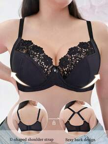 1pc Plus Size Women Non-Wired Lace Underwire Bra, Breathable Non-Slip, High Support, Adjustable Straps, Seamless, Suitable For Daily Wear ﻿ - Black - View 2